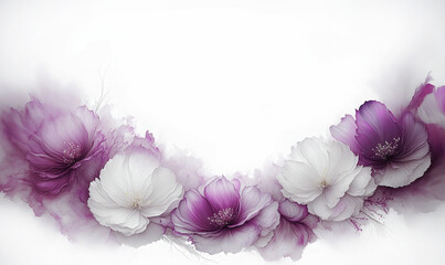 Ilustracja motyw kwiatowy. Fioletowe i białe kwiaty na białym tle. Tapeta kwiaty, puste miejsce na tekst. Tło kwiatowe, abstrakcyjny wzór - obrazy, fototapety, plakaty