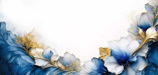 Illustrazione di fiori blu su sfondo bianco. Carta da parati floreale. Spazio bianco - obrazy, fototapety, plakaty