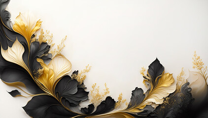 Ilustracja wzór kwiatowy. Czarne i złote kwiaty na białym tle. Tapeta kwiaty, puste miejsce na tekst. Tło kwiatowe, abstrakcyjny wzór. Dekoracyjny papier - 789625830