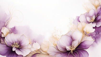 Ilustracja motyw kwiatowy, akwarela. Fioletowe kwiaty na białym tle. Tapeta kwiaty, puste miejsce na tekst. Tło kwiatowe, abstrakcyjny wzór - obrazy, fototapety, plakaty