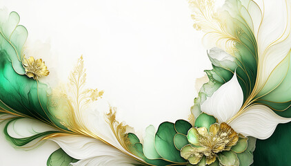 Ilustracja motyw kwiatowy, akwarela. Zielone kwiaty na białym tle. Tapeta kwiaty, puste miejsce na tekst. Tło kwiatowe, abstrakcyjny wzór. 