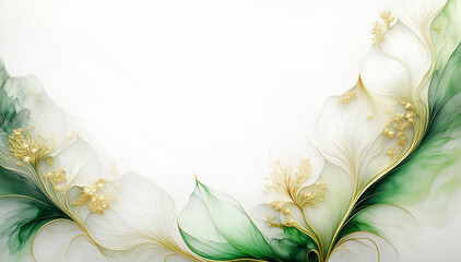 Ilustracja motyw kwiatowy. Zielone kwiaty na białym tle. Tapeta kwiaty, puste miejsce na tekst. Tło kwiatowe, abstrakcyjny wzór - obrazy, fototapety, plakaty