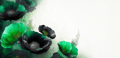 Ilustracja motyw kwiatowy. Zielone i czarne kwiaty maki na białym tle. Tapeta kwiaty, puste miejsce na tekst. Tło kwiatowe, abstrakcyjny wzór. Dekoracyjny papier