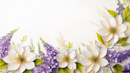 Ilustracja motyw kwiatowy. Białe i fioletowe kwiaty na białym tle. Tapeta kwiaty, puste miejsce na tekst. Tło kwiatowe, abstrakcyjny wzór