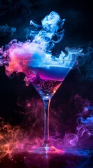 Elegant cocktail glass with a magical concoction enveloped in a vibrant dance of smoky colors