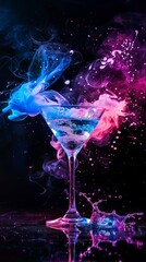 A mesmerizing cocktail glass filled with a sparkling drink amidst magical clouds of colored smoke