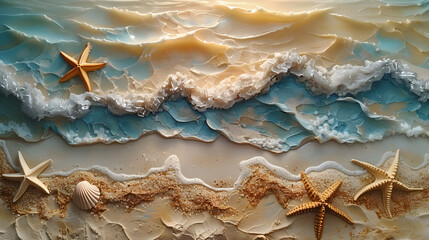Relief seascape with seashells and starfish on textured sand. Artistic ocean waves representation. Nautical wall art and marine theme decoration concept for interior design