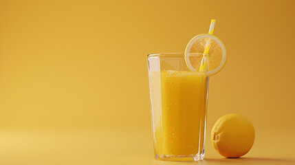 Fresh orange juice in a glass with a straw. The glass is placed on a table next to a whole orange. The background is a solid color.