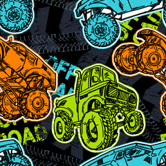 Abstract seamless grunge pattern for boy. Urban style modern background with Monster Truck car, trace of tire. Drive and speed modern creative wallpaper for guys. Extreme style © artlavi_design