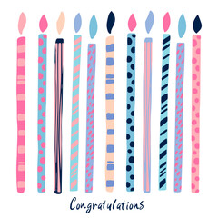 Cute abstract illustration with candles. Birthdays design for girls. Fashion girlish greeting card