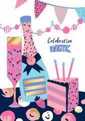 Colorful abstract illustration with bottle of champagne, glass, Birthday cake, quote. Fashion girlish print for greeting card