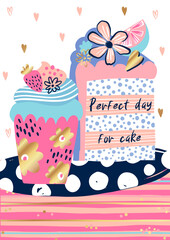 Bright colorful abstract illustration with cake, quote. Fashion girlish print for Birthday greeting card