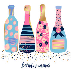 Colorful abstract illustration with bottle of wine, champagne, glass, quote. Fashion girlish print for greeting card