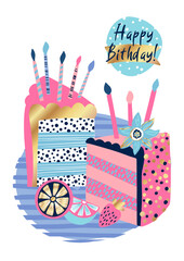 Bright colorful abstract illustration with cake, quote. Fashion girlish print for Birthday greeting card