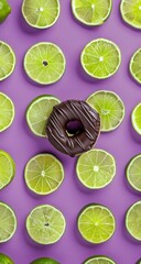A top view of a single chocolate doughnut placed centrally among vibrant green lime slices on a purple background