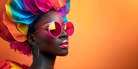 Elegant African American woman with colorful turban and sunglasses on vibrant orange background, embodying style and diversity. LGBTQ+ - obrazy, fototapety, plakaty