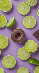 Half chocolate doughnut with scattered lime pieces and chocolate bar on a lilac surface