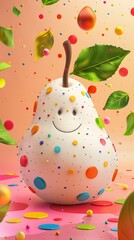 Cheerful pear character surrounded by flying colorful confetti on a playful orange gradient background