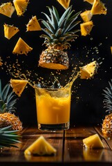 Dynamic image capturing pineapple pieces splashing into a glass of juice with a juicy, tropical vibe