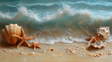 Seashells and starfish on the sandy shore with ocean waves. Panoramic still life. Coastal serenity and beach vacation concept for banner, poster, or website header design