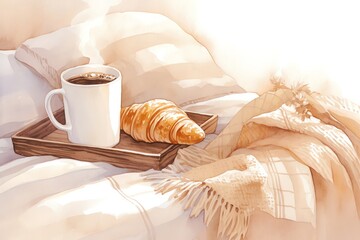 A detailed watercolor of a breakfast tray on a bed, featuring a steaming mug of coffee and a croissant, cozy morning hues and soft bedding colors, white background, vivid watercolor, 100 isolate - obrazy, fototapety, plakaty