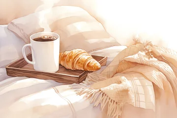 Foto op Plexiglas A detailed watercolor of a breakfast tray on a bed, featuring a steaming mug of coffee and a croissant, cozy morning hues and soft bedding colors, white background, vivid watercolor, 100 isolate © Pakorn