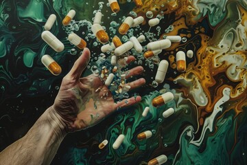 Capsules float from a hand in water, representing the elusive nature of health in avitaminosis, medicine - obrazy, fototapety, plakaty