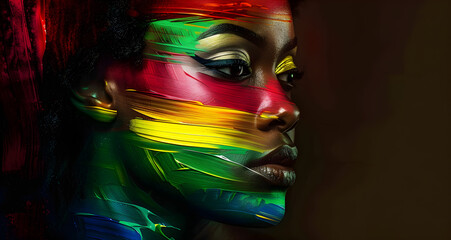 Portrait of a woman with vibrant pan-African flag colors painted on her face symbolizing Black History Month and LGBTQ+ pride.