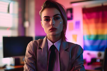 Fototapeta premium A professional woman in an office setting with a pride flag in the background representing LGBTQ support and diversity.