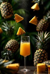 Artistic capture of pineapple chunks and juice splattering in a flute glass among plants