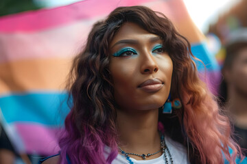 Individual with transgender flag at a pride event, symbolizing LGBTQ rights and acceptance.