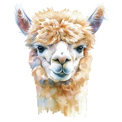 Fototapeta premium A detailed watercolor of an alpaca with a curious gaze, fluffy coat and soft pastels, white background, vivid watercolor, 100 isolate