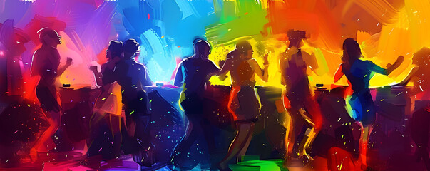 Abstract illustration of silhouetted people dancing in a club, with vibrant oil paint splatters and rainbow colors, suitable for events like lgbt pride. - obrazy, fototapety, plakaty
