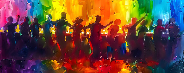 Abstract painting of silhouetted figures dancing with vibrant rainbow colors, suitable for celebratory events or as expressive wall decor.