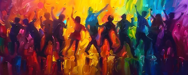 Deurstickers Vibrant abstract oil painting of joyful dancing figures in nightclub atmosphere, ideal for LGBT pride events or celebrations. © Arma