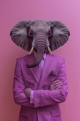 A highly imaginative scene featuring an elephant wearing a business suit, suggesting themes of power, intelligence, and surreal humor