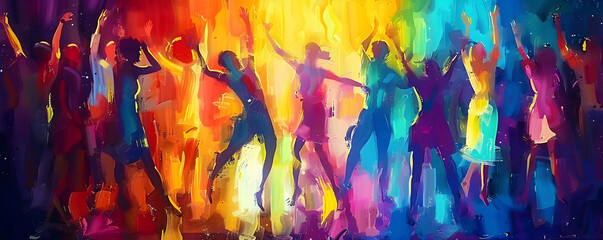 Abstract illustration of people dancing in a vibrant club scene, suitable for events like LGBT pride.