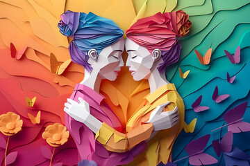 Illustration of a lesbian couple hugging in a vibrant paper art style, symbolizing love and diversity for Pride Month.