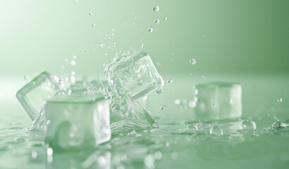 Abstract background, ice cubes and water drops on a light green background