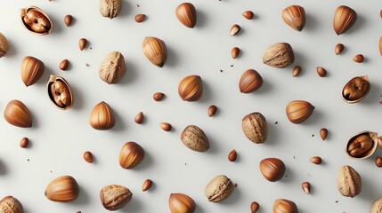 Top view of a variety of nuts. The nuts are arranged in a random pattern on a white background. The image is well-lit and the colors are vibrant.