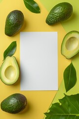 Top view of avocados and leaves framing a white space, perfect for text, on a yellow background