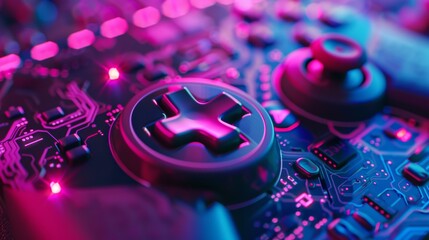 Close-up of game controller joystick on electronic circuit board. Vibrant neon colors gaming concept for design and print. Macro shot with bokeh effect