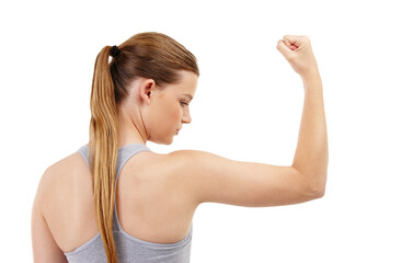 Bicep, girl and strong in studio, fitness and flex of muscle, wellness and training or exercise in gym. Proud, athlete and person in white background, confidence and healthy with workout and sports