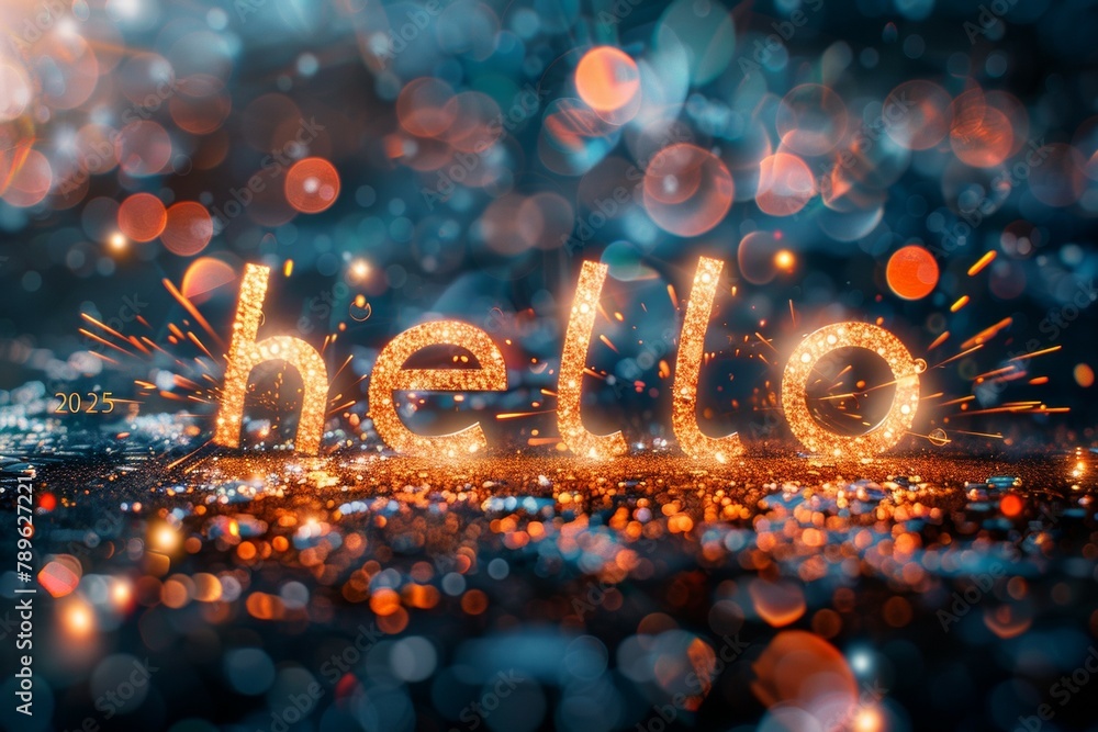 Poster word hello is made up of small, glowing letters. background with selective focus and copy space