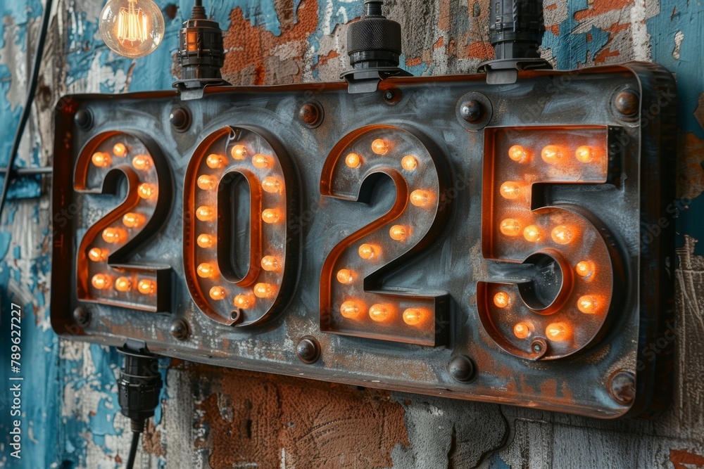 Poster signboard with numbers 2025 in grunge style. background with selective focus and copy space