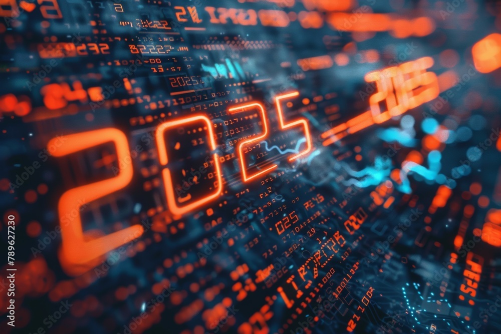 Poster a computer screen with the numbers 2025 written in red