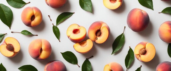Fresh peach fruits with green leaves on white. Top view flat lay