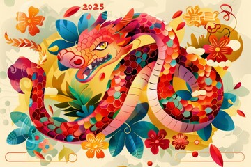 Snake as a symbol of 2025 in postcard style. Background with selective focus and copy space
