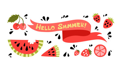 Funny watermelon slices. Summer time party. Cartoon vector set with red strawberry, cherry and lettering. Illustration of fruit watermelon, sweet and healthy. Cute colorful colection objekts.