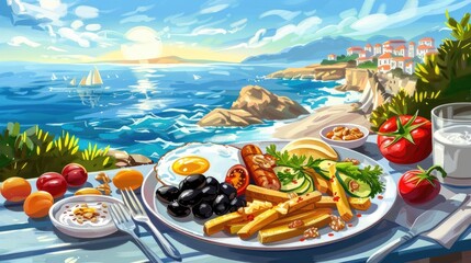 breakfast served on a white flat plate, positioned on a wooden table by the sea, with the background featuring only the tranquil expanse of the sea and the gentle rays of the sun. - obrazy, fototapety, plakaty